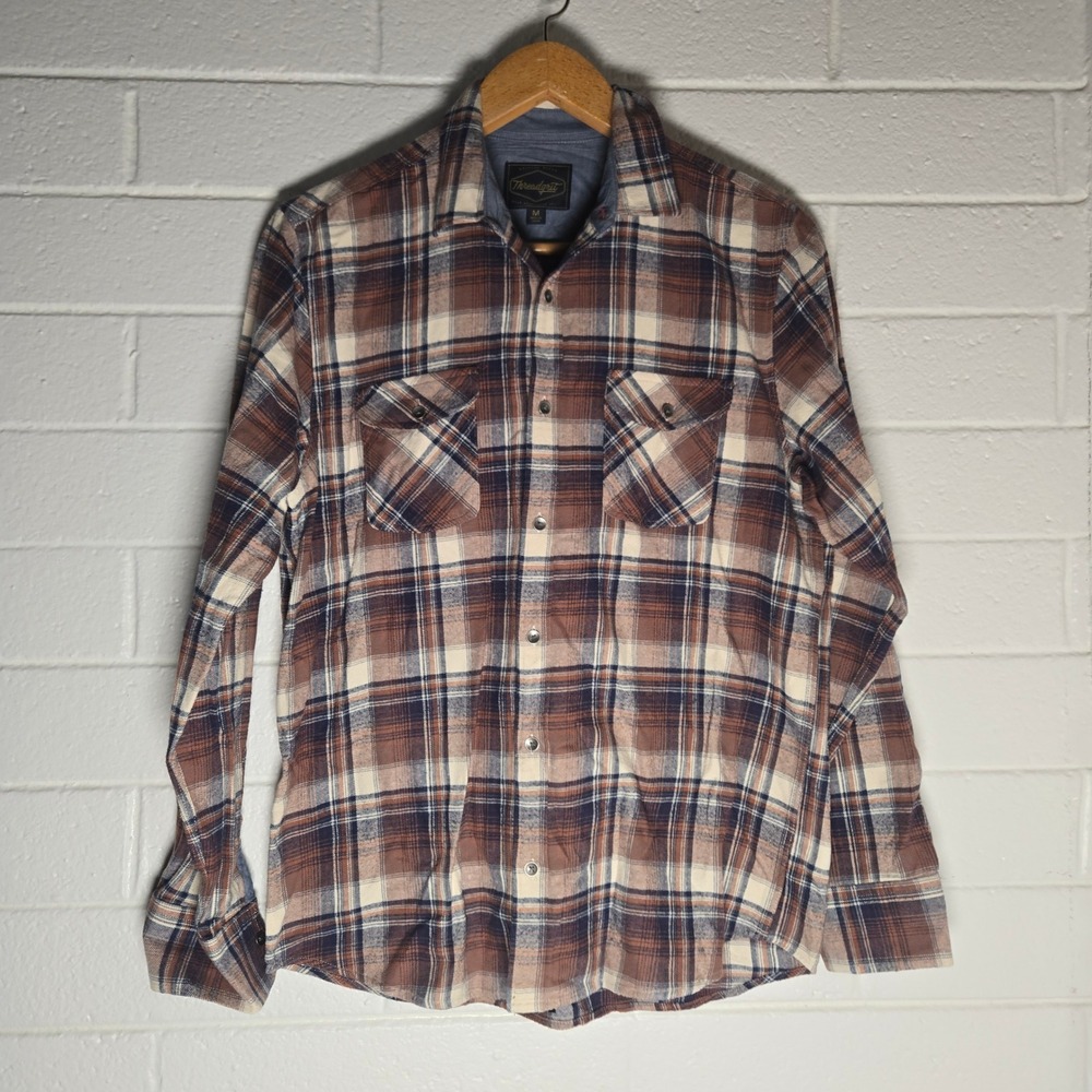Threadgrit Mens Flannel Button Shirt Brown Plaid Medium Long Sleeve Workwear
